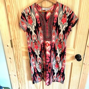 Bella Tu Ikat Print Hand Beaded Dress. Size Large.